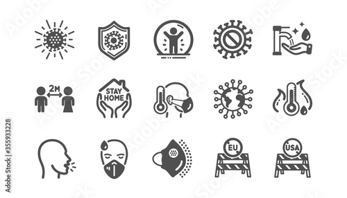 Coronavirus icons set. Medical protective mask, washing hands hygiene, eu shut borders. Stay home, safe distance, coronavirus epidemic mask icons. Covid-19 virus pandemic, usa close borders. Vector