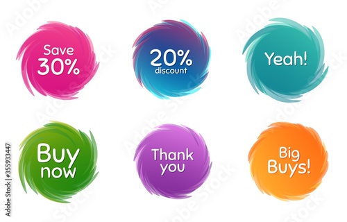 Swirl motion circles. Buy now, 20% discount and save 30%. Thank you phrase. Sale shopping text. Twisting bubbles with phrases. Spiral texting boxes. Big buys slogan. Vector