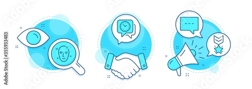Health skin, Clock and Winner medal line icons set. Handshake deal, research and promotion complex icons. Blog sign. Clean face, Time, Ranking star. Chat message. Business set. Vector