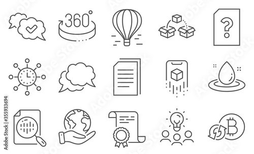 Set of Technology icons  such as Fuel energy  Copy files. Diploma  ideas  save planet. 360 degrees  Approved  Refresh bitcoin. Air balloon  Chat message  World time. Vector