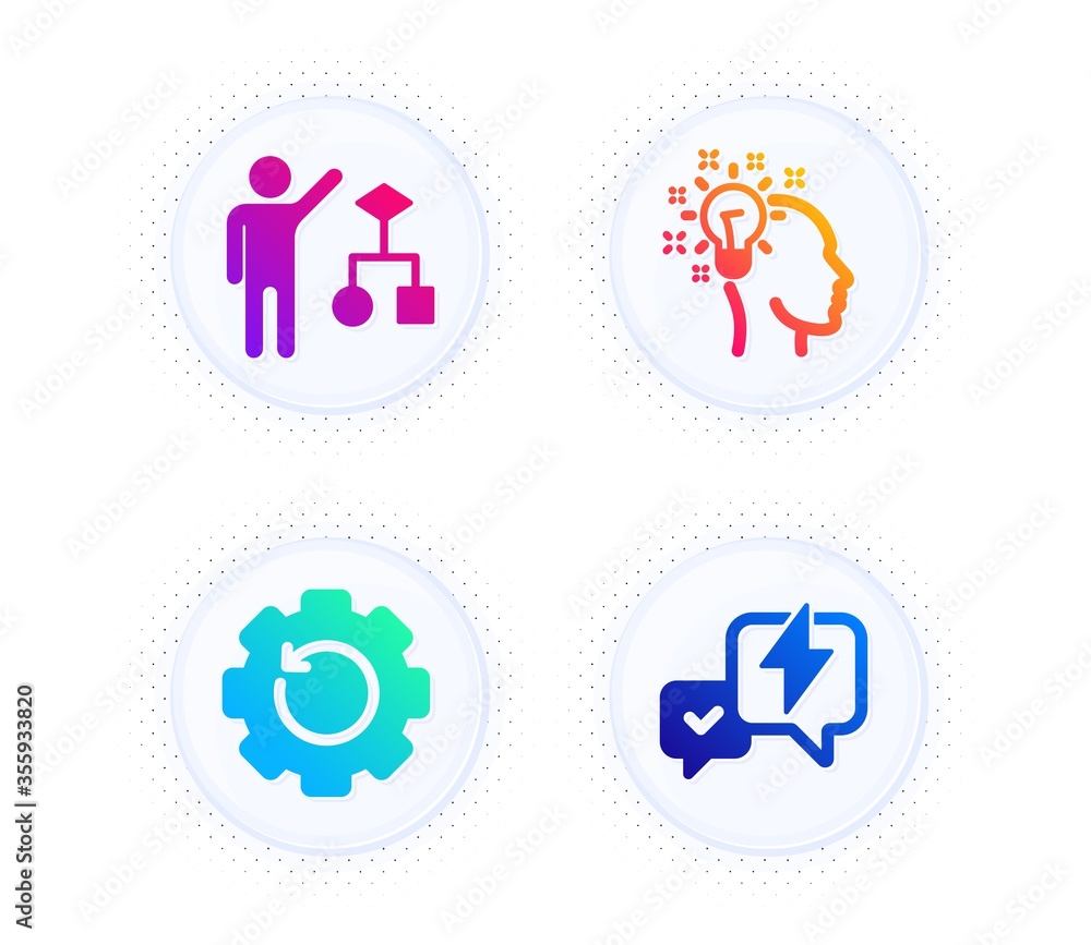 Recovery gear, Idea and Algorithm icons simple set. Button with halftone dots. Lightning bolt sign. Backup info, Creative designer, Developers job. Messenger. Education set. Vector Recovery gear, Idea and Algorithm icons simple set. Button with halftone dots. Lightning bolt sign. Backup info, Creative designer, Developers job. Messenger. Education set. Vector