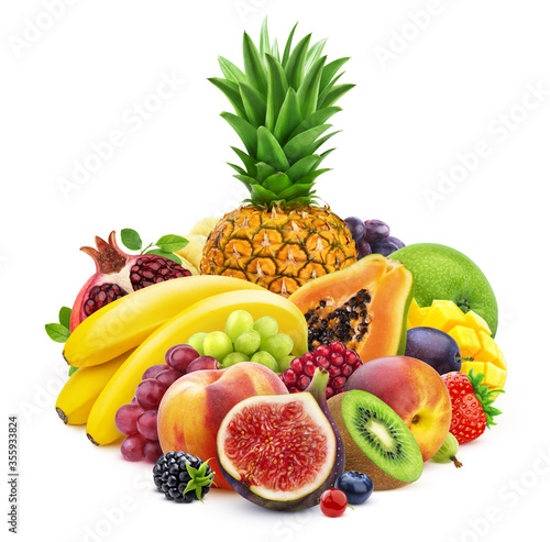 Mix of fresh fruits and berries, different fruits isolated on white background
