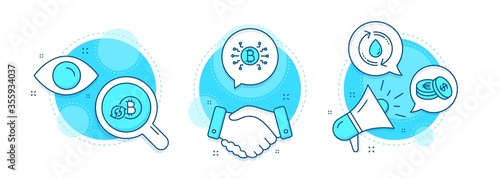 Bitcoin system, Refresh bitcoin and Refill water line icons set. Handshake deal, research and promotion complex icons. Savings sign. Cryptocurrency scheme, Update cryptocurrency, Recycle aqua. Vector