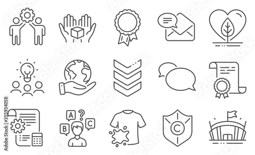 Set of Business icons, such as Shoulder strap, Copyright protection. Diploma, ideas, save planet. Employees teamwork, New mail, Quiz test. Settings blueprint, Local grown, Arena. Vector