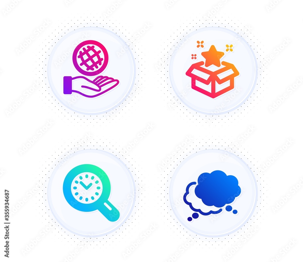 Safe planet, Loyalty program and Time management icons simple set. Button with halftone dots. Speech bubble sign. Ecology, Bonus star, Time analysis. Chat message. Technology set. Vector