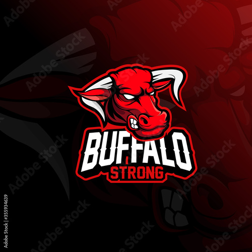 Buffalo mascot esport logo design on red background. Angry bull illustration concept style for badge, emblem and tshirt printing.
