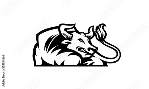 Angry Bull silhouette icon black lined design template on white background. Buffalo tattoo line art drawing illustration.