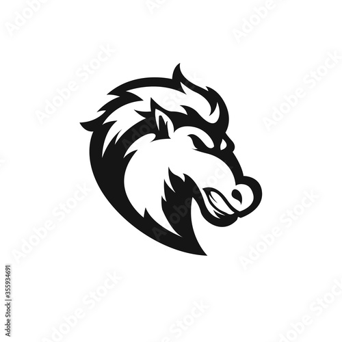 Horse head icon silhouette black lined design template on white background. Wild mustang tattoo line art drawing illustration.