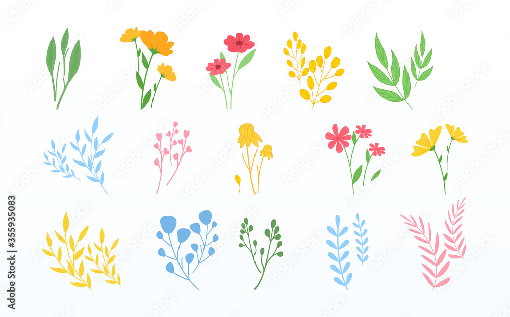 Garden collection of herbs, leaves, branches and wildflowers. Set of simple illustration shapes filled with color and isolated on white background