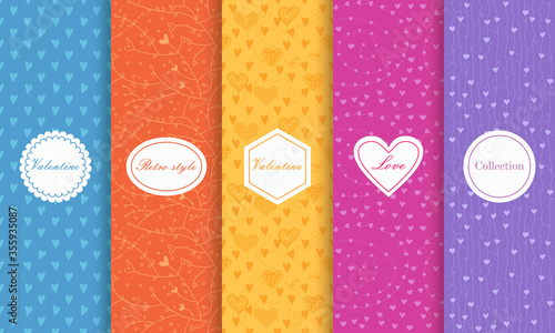 Set of Cute bright seamless patterns with hearts. Vector illustration bright design. Abstract seamless hand drawn patterns on vibrant background.