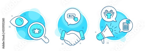 Buy button, Hold t-shirt and Star line icons set. Handshake deal, research and promotion complex icons. Calculator sign. Online shopping, Laundry shirt, Favorite. Money management. Vector