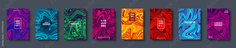 Colorful abstract geometric background. Liquid dynamic lined gradient waves. Fluid marble texture. Modern covers set. Eps10 vector.