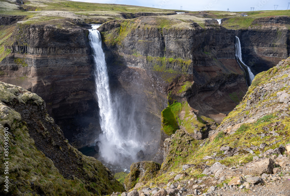 View of the landscape of the Haifoss waterfall in Iceland. View of the landscape of the Haifoss waterfall in Iceland.