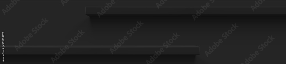 Black 3d shelf on the wall. Wooden horizontal realistic empty shelf Black 3d shelf on the wall. Wooden horizontal realistic empty shelf