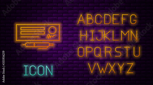 Glowing neon line Blank template of the bank check and pen icon isolated on brick wall background. Checkbook cheque page with empty fields to fill. Neon light alphabet. Vector Illustration