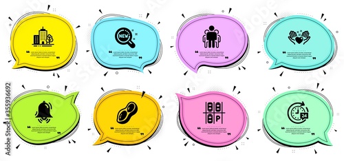 Peanut, Clock bell and Hold heart signs. Chat bubbles with quotes. Skyscraper buildings, Group and New products line icons set. 24h delivery, Parking place symbols. Town architecture, Managers. Vector