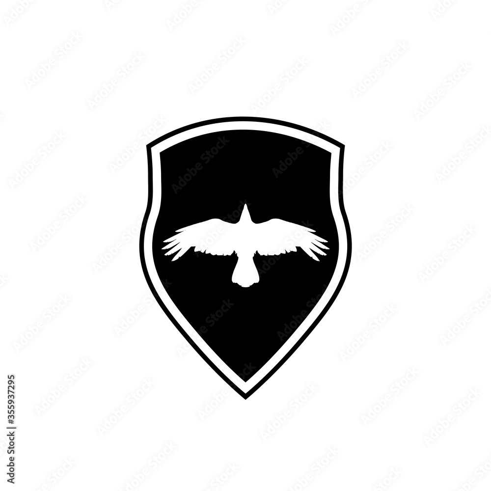 Silhouette raven bird. Crow shield design flat animal illustration isolated on white background Silhouette raven bird. Crow shield design flat animal illustration isolated on white background