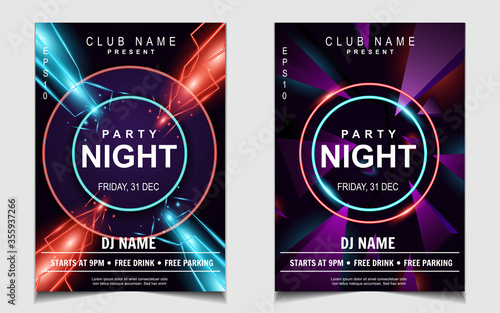 Night dance party music poster flyer layout design template background with neon light and dynamic style. Colorful electro style vector for concert disco  club party  event invitation  cover festival