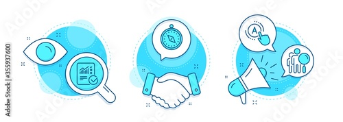 Search people, Ab testing and Travel compass line icons set. Handshake deal, research and promotion complex icons. Checked calculation sign. Find employee, A test, Trip destination. Vector