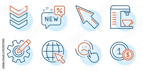 Dislike, Shoulder strap and New signs. Usd coins, Cogwheel and Coffee machine line icons set. Internet, Mouse cursor symbols. Cash payment, Edit settings. Business set. Outline icons set. Vector