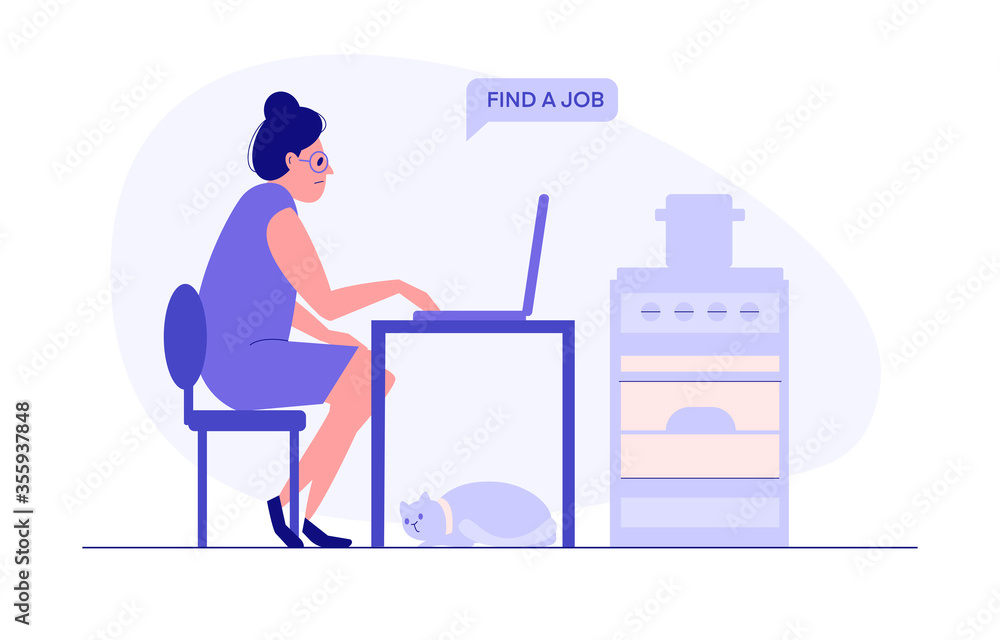 Woman find a job with laptop, cat, oven at home. Flat vector illustration, design job loss concept. Template for website, landing page
