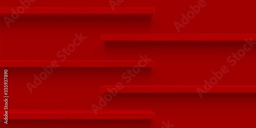 Red 3d shelf on the wall. Wooden horizontal realistic empty shelf
