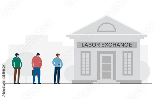 Financial crisis and unemployment, workers standing in line to labor exchange building. Vector flat  illustration,  design job loss and  work searches concept. Template for website, landing page