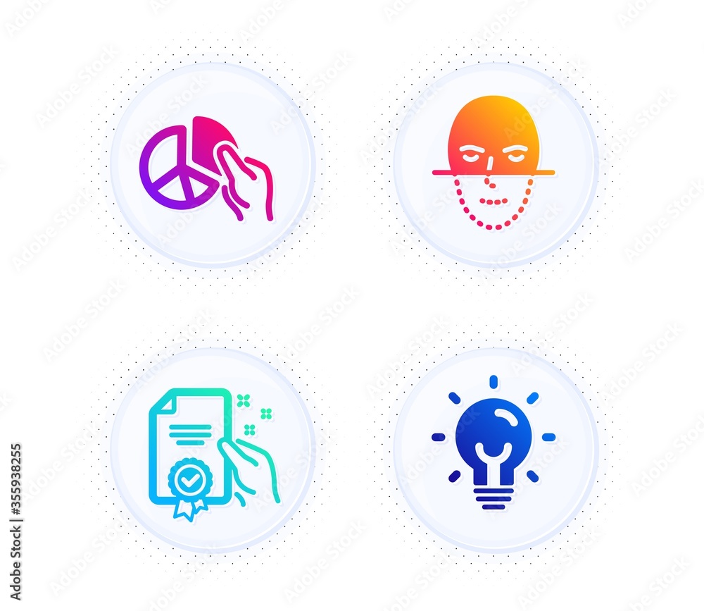 Pie chart, Face recognition and Certificate icons simple set. Button with halftone dots. Energy sign. Presentation graph, Faces biometrics, Certified guarantee. Lightbulb. Technology set. Vector