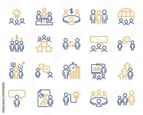 Meeting line icons. Conference, seminar, classroom. Team, work and business idea icons. Discussion, classroom job, people management. Presentation, office meeting, consultation. Vector