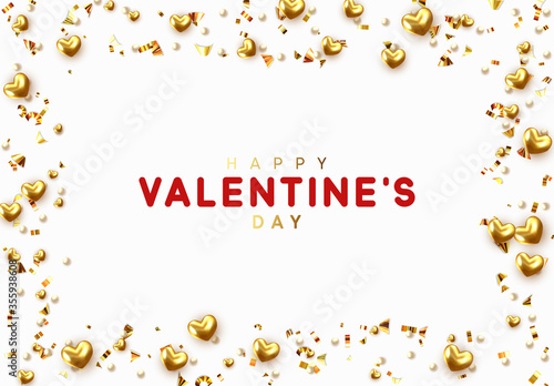 Background with gold hearts and round beads strewn with golden confetti. vector illustration