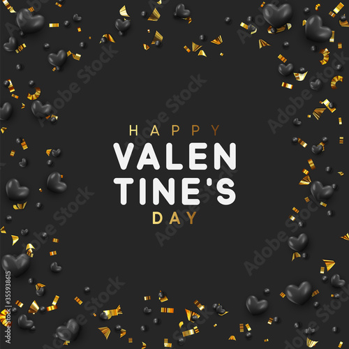 Background with black hearts and round beads strewn with golden confetti. Happy Valentines Day vector illustration.