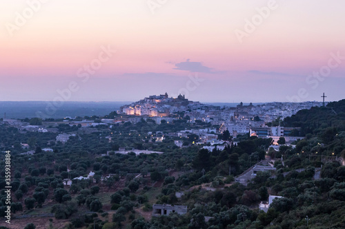 Scenic view: the city of Ostuni at dawn "blue hour". Ostuni, Puglia, Italy
