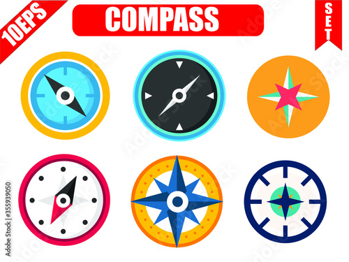 Compass marine orientation navigational instrument icon flat set isolated vector illustration