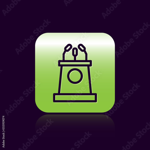 Black line Stage stand or debate podium rostrum icon isolated on black background. Conference speech tribune. Green square button. Vector Illustration