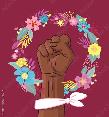 Floral Symbol of Feminism Movement. African American Woman Hand with her fist raised up. Wreaht of Flowers. Girl Power Sign on Purple Background. Stock Vector Illustration