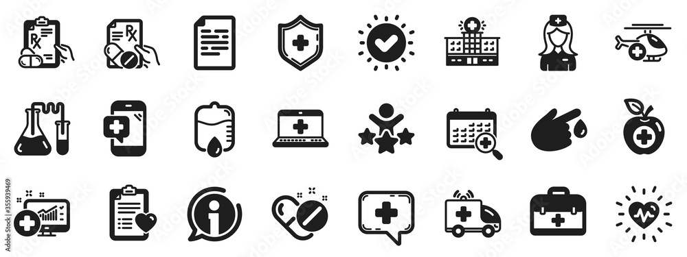 Fototapeta premium Hospital assistance, Ambulance, Health food diet, Laboratory tubes icons. Medical rx icons. First aid kit, Medical doctor, Prescription Rx recipe. Drop counter, Ambulance emergency car. Vector