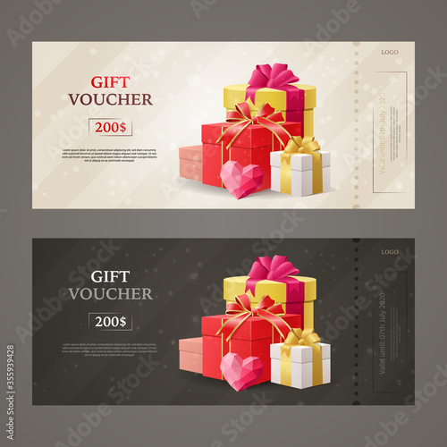 Two designs for gift vouchers with colorful gift-wrapped presents tied with bows and space for text and promotional offer, colored vector illustration