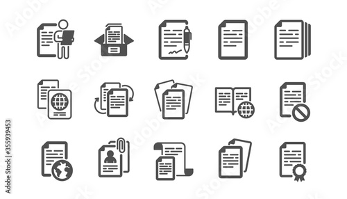 Documents icons set. Passport, Copy files, Contract agreement. CV interview, documents workflow, attachment clip icons. Change files, wrong document, bureaucracy and contract signature. Vector