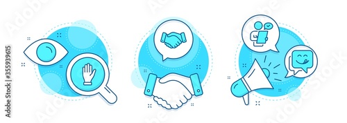 Hand, Yummy smile and Customer survey line icons set. Handshake deal, research and promotion complex icons. Employees handshake sign. Waving palm, Emoticon, Contract. Deal hand. People set. Vector