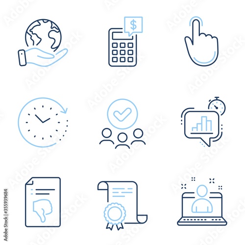 Hand click, Time change and Best manager line icons set. Diploma certificate, save planet, group of people. Thumb down, Statistics timer and Calculator signs. Vector