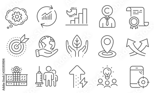Set of Science icons, such as Copyrighter, Energy growing. Diploma, ideas, save planet. Hospital building, Seo phone, Target purpose. Cogwheel, Location, Update data. Vector