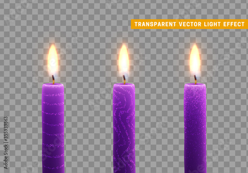 Candles burn with fire. Set of paraffin candles realistic isolated on transparent background. Element for design decor, vector illustration