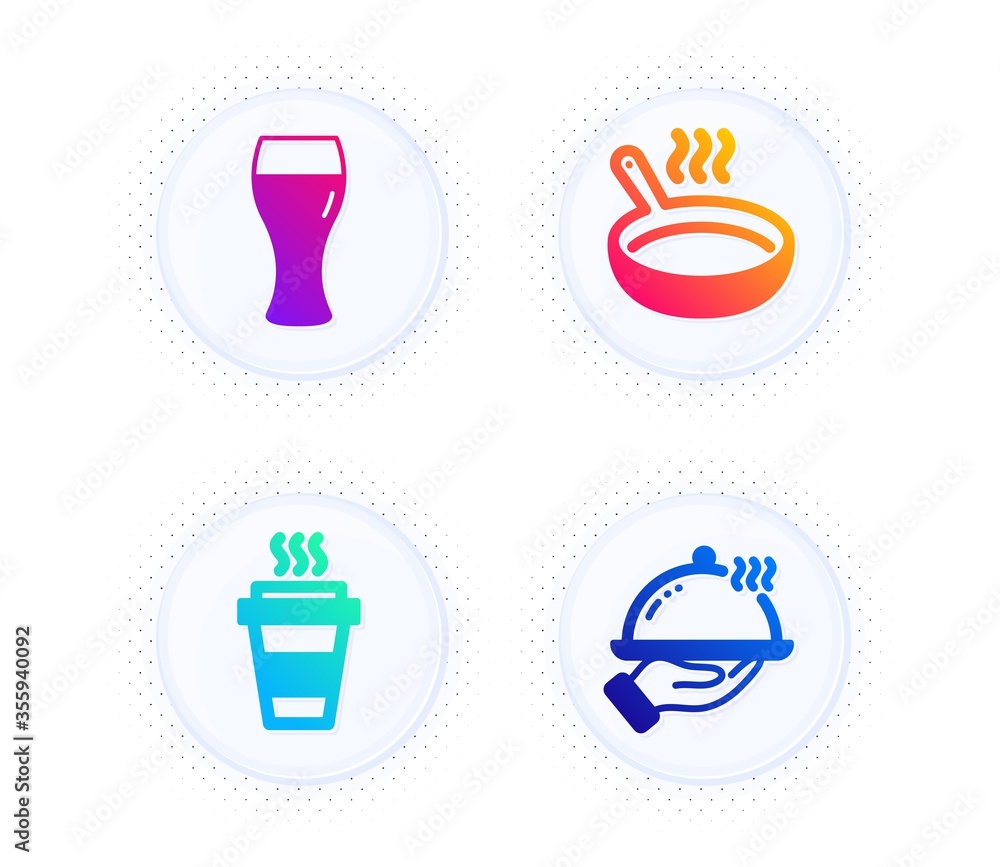 Beer glass, Frying pan and Takeaway icons simple set. Button with halftone dots. Restaurant food sign. Brewery beverage, Cooking utensil, Takeout coffee. Room service. Food and drink set. Vector Beer glass, Frying pan and Takeaway icons simple set. Button with halftone dots. Restaurant food sign. Brewery beverage, Cooking utensil, Takeout coffee. Room service. Food and drink set. Vector