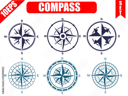 Compass marine orientation navigational instrument icon flat set isolated vector illustration
