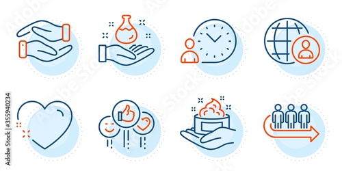 International recruitment, Heart and Time management signs. Skin care, Queue and Like line icons set. Helping hand, Chemistry lab symbols. Hand cream, People waiting. People set. Vector