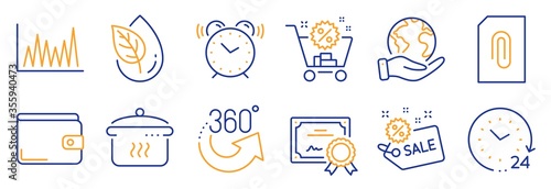 Set of Business icons, such as Shopping cart, Organic product. Certificate, save planet. Alarm clock, Sale, 360 degrees. Line graph, 24 hours, Attachment. Boiling pan, Money wallet line icons. Vector