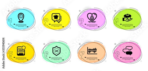 Talk bubble, Cooking hat and Recovery ssd signs. Timeline infographic. Hold box, 24 hours and Timer line icons set. Column diagram, Local grown symbols. Delivery parcel, Protection. Vector