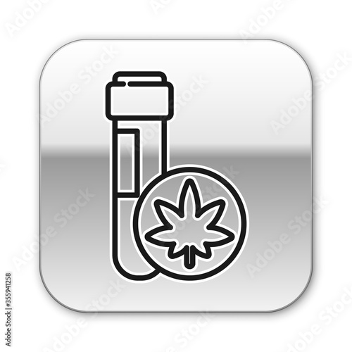 Black line Chemical test tube with marijuana or cannabis leaf icon isolated on white background. Research concept. Laboratory CBD oil. Silver square button. Vector Illustration