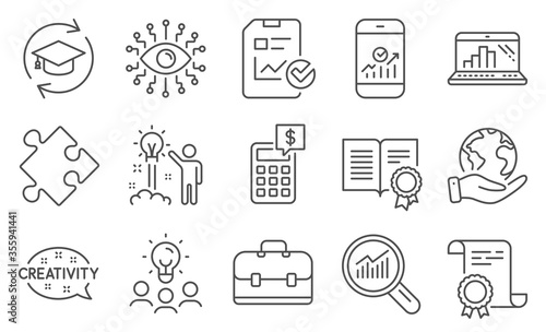 Set of Education icons, such as Graph laptop, Data analysis. Diploma, ideas, save planet. Smartphone statistics, Artificial intelligence, Creativity. Portfolio, Calculator, Strategy. Vector