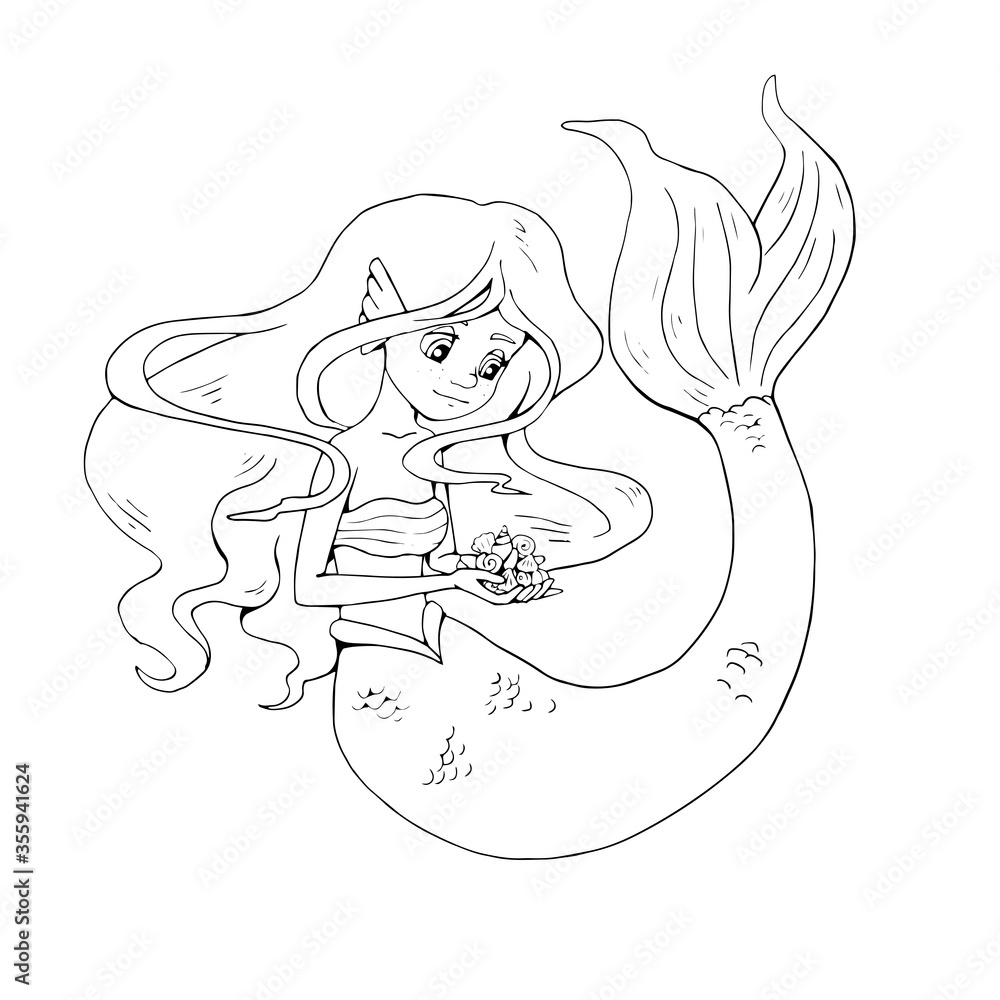 Cute cartoon mermaid with various seashells in her hand. Sea theme. Isolated object on white background. White and black vector illustrations for coloring book. Cute cartoon mermaid with various seashells in her hand. Sea theme. Isolated object on white background. White and black vector illustrations for coloring book.